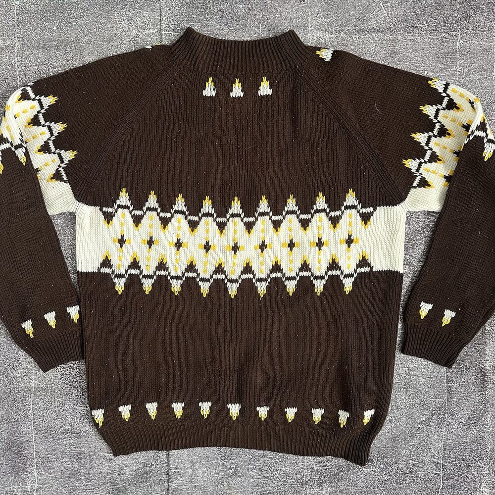 Men's Vintage 70's Turn 4 Brown White Acrylic Tribal Aztec Crewneck Sweater Sz M